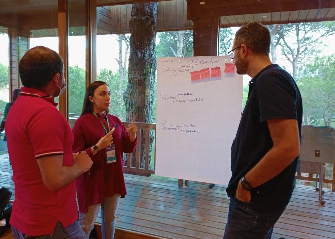 A coach and two business owners work through a plan on a flipchart